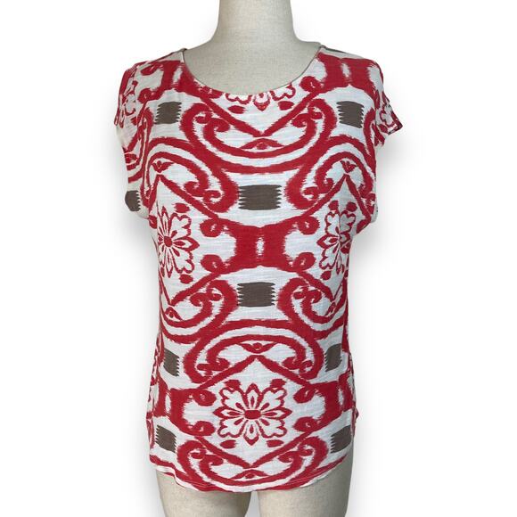 Ella Moss cap sleeve tee, relaxed fit red white abstract floral/tribal print top - Picture 1 of 6